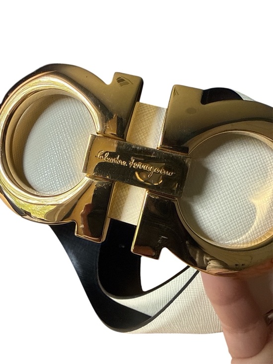 Salvatore Ferragamo White/Black Gancini Belt with Gold Buckle main image 4